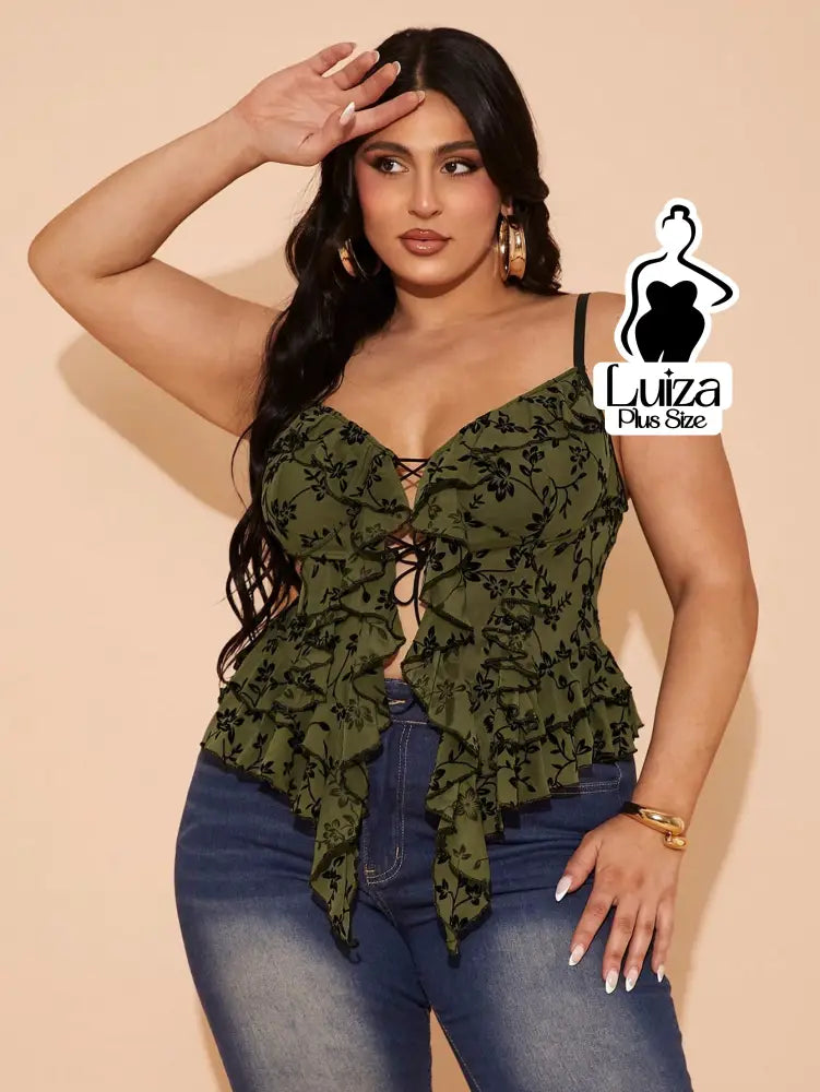 Blusa Alça Fina Floral Amarração Babados Plus Size Verde Militar / G Blusa Alça Fina Floral Amarração Babados Plus Size