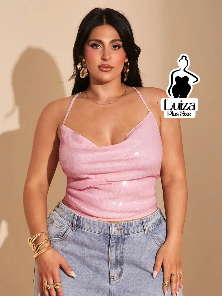 Blusa Alça Fina Paetê Decote Drapeado Plus Size Rosa / G Blusa Alça Fina Paetê Decote Drapeado Plus Size