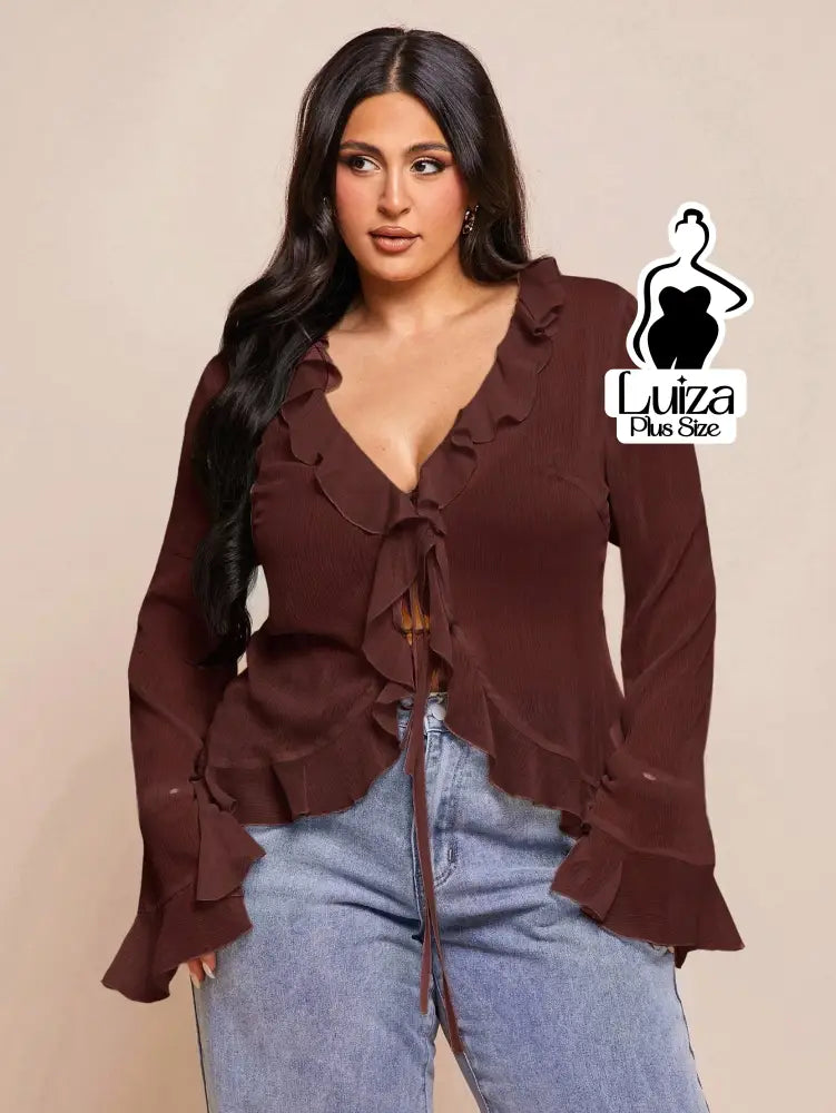 Blusa Chiffon Babados Amarração Frontal Plus Size Blusa Chiffon Babados Amarração Frontal Plus Size