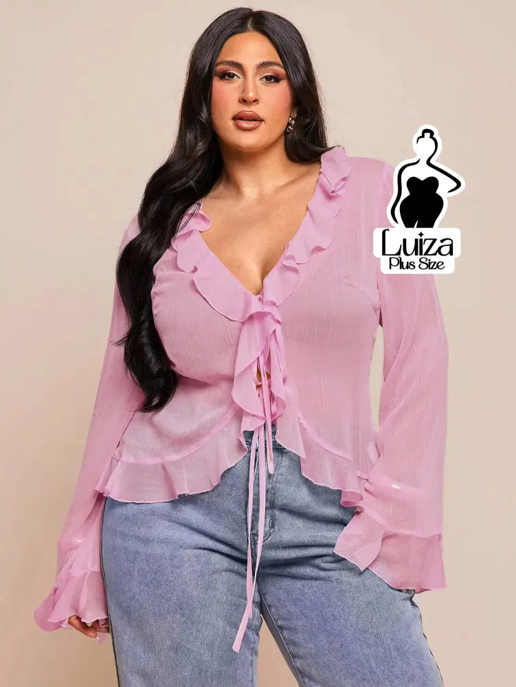 Blusa Chiffon Babados Amarração Frontal Plus Size Rosa / G Blusa Chiffon Babados Amarração Frontal Plus Size