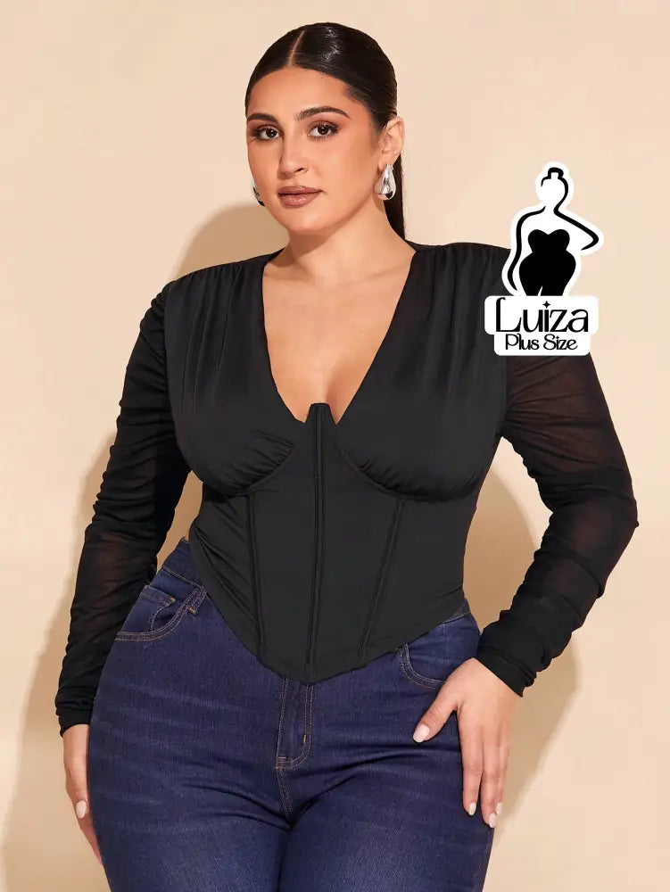 Blusa Corset Decote Profundo Manga Longa Tule Plus Size Blusa Corset Decote Profundo Manga Longa Tule Plus Size