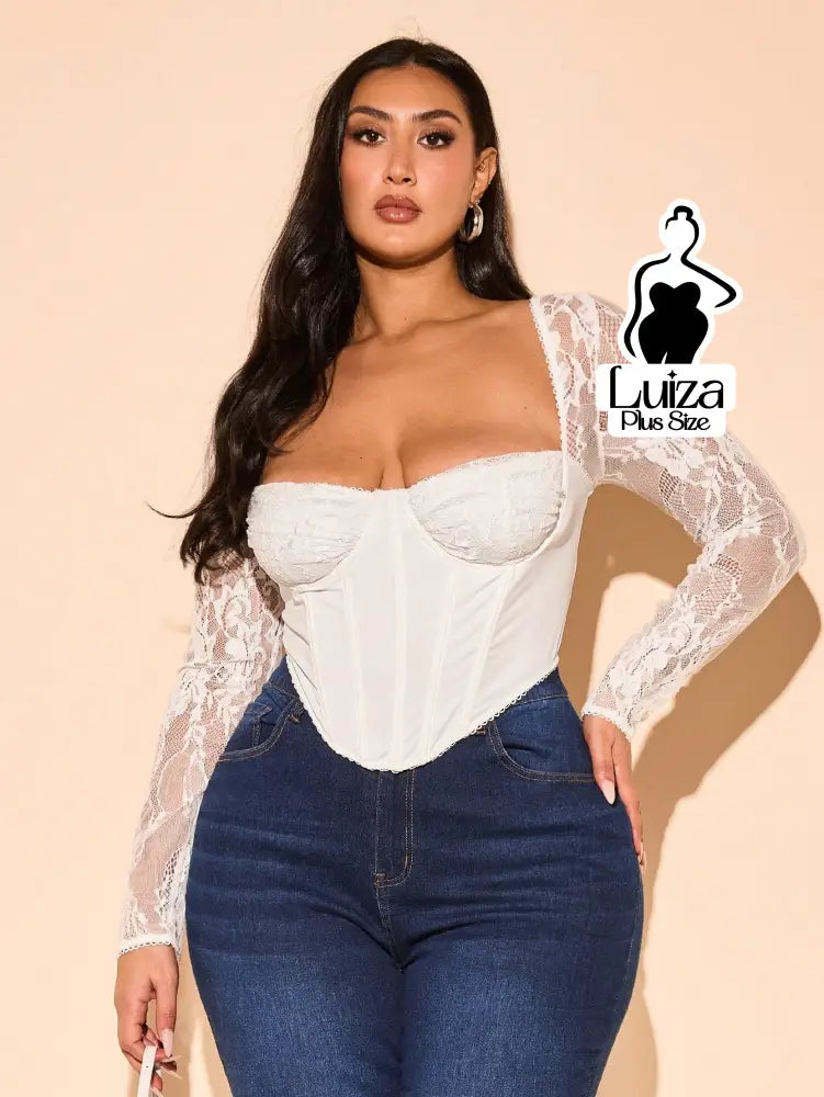 Blusa Corset Manga Longa Renda Transparente Plus Size Blusa Corset Manga Longa Renda Transparente Plus Size