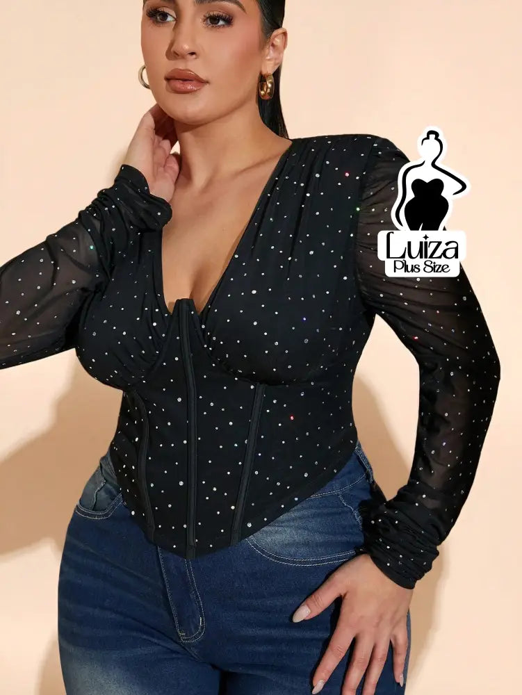 Blusa Corset Manga Longa Tule Brilho Glamouroso Plus Size Preto / G Blusa Corset Manga Longa Tule Brilho Glamouroso