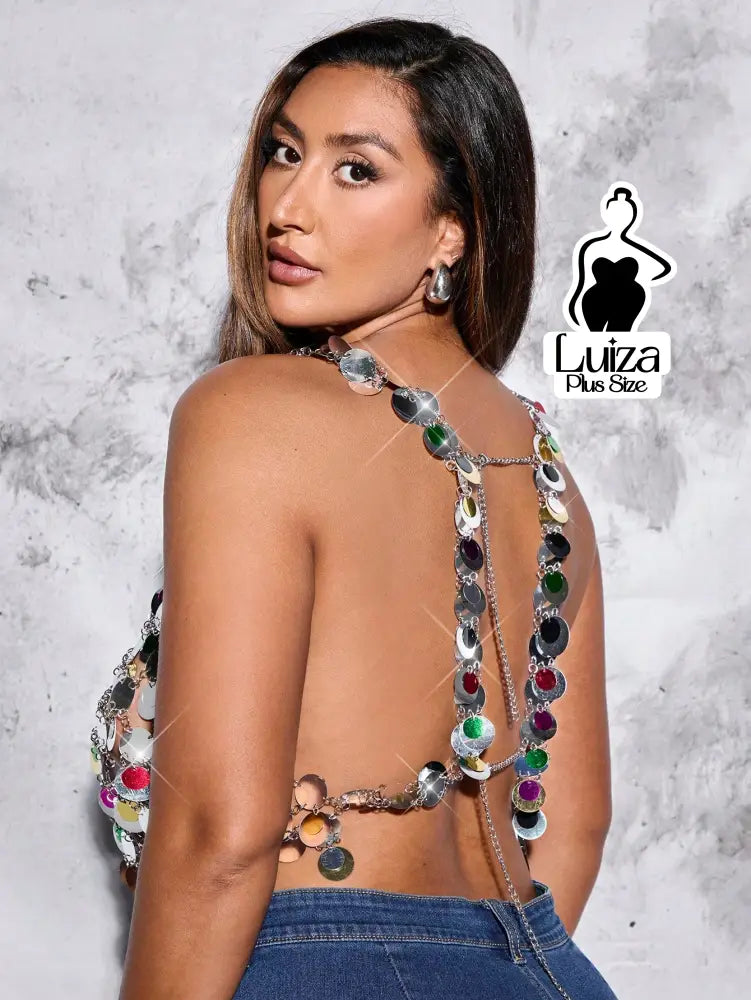 Blusa Cropped Correntes Metálicas Discos Espelhados Plus Size Blusa Cropped Correntes Metálicas Discos Espelhados Plus
