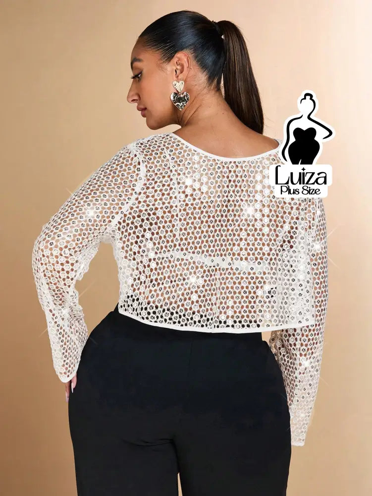 Blusa Cropped Manga Longa Renda Vazada Transparente Plus Size Blusa Cropped Manga Longa Renda Vazada Transparente Plus