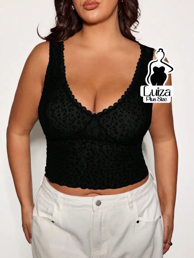 Blusa Cropped Renda Decote V Animal Print Plus Size Preto / G Blusa Cropped Renda Decote V Animal Print Plus Size