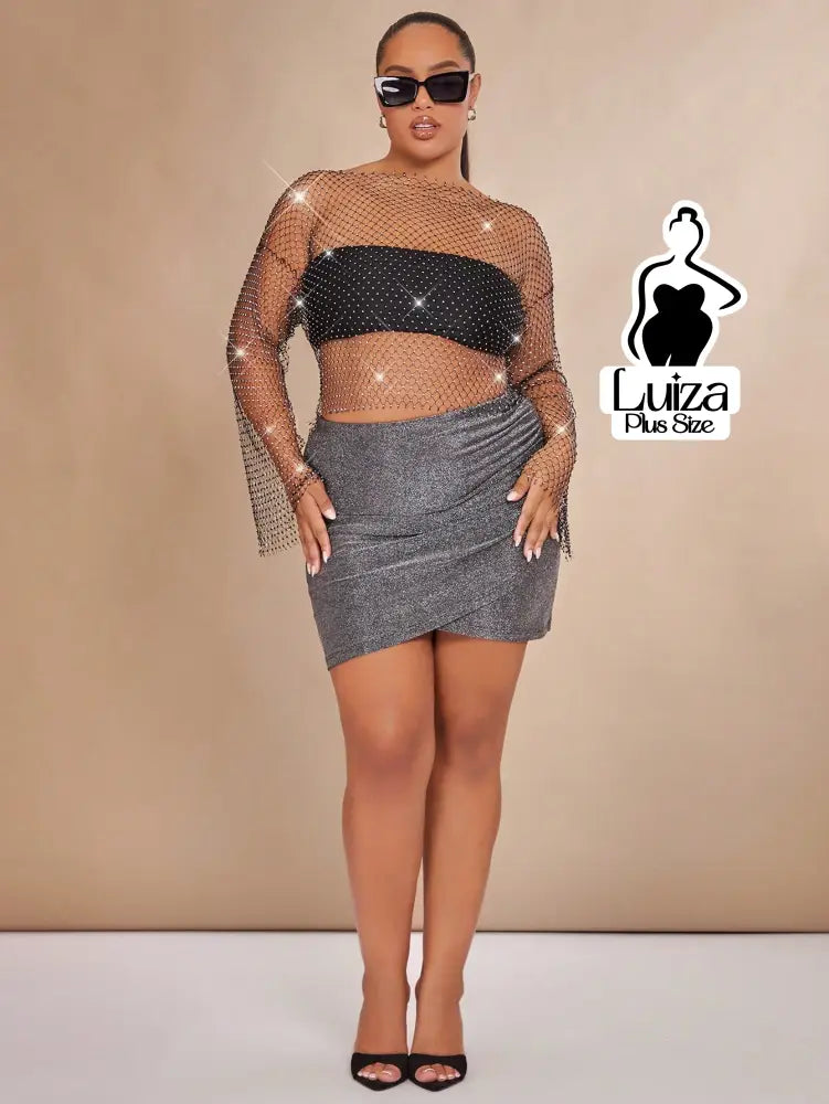 Blusa Cropped Tela Brilhos Manga Longa Plus Size Blusa Chiffon Babados Amarração Frontal Plus Size