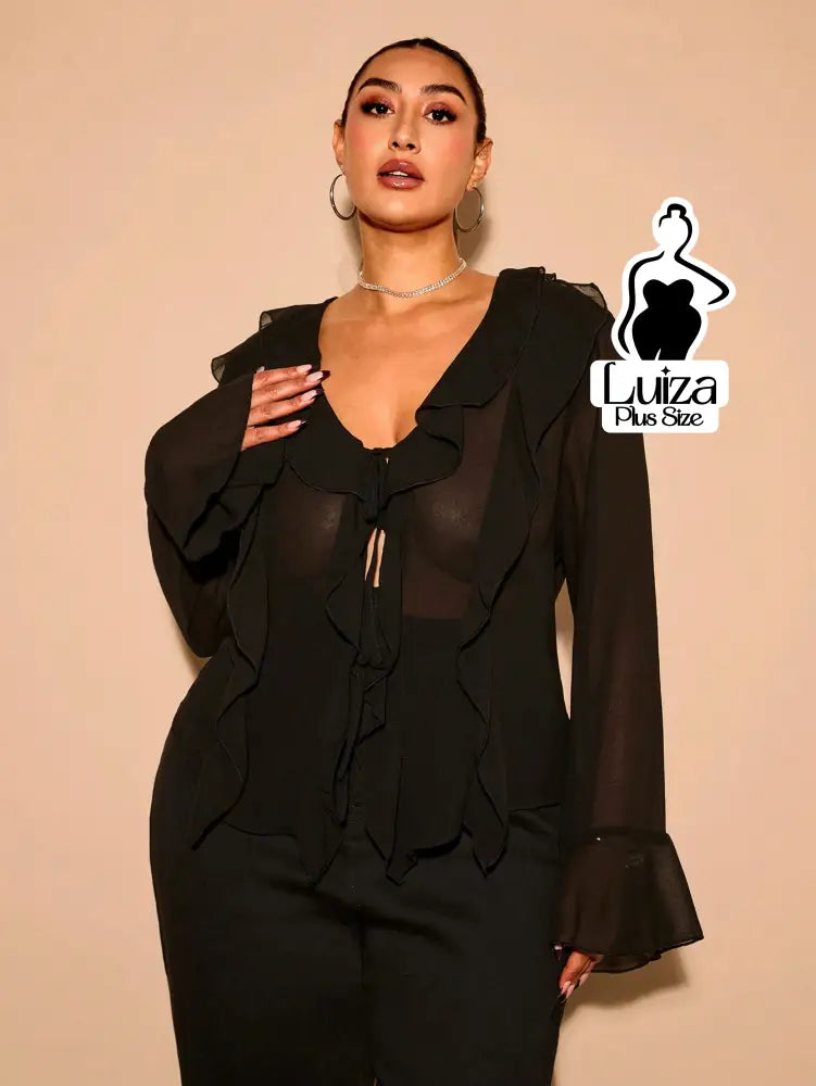 Blusa Elegante Babados Amarração Frontal Plus Size Blusa Elegante Babados Amarração Frontal Plus Size