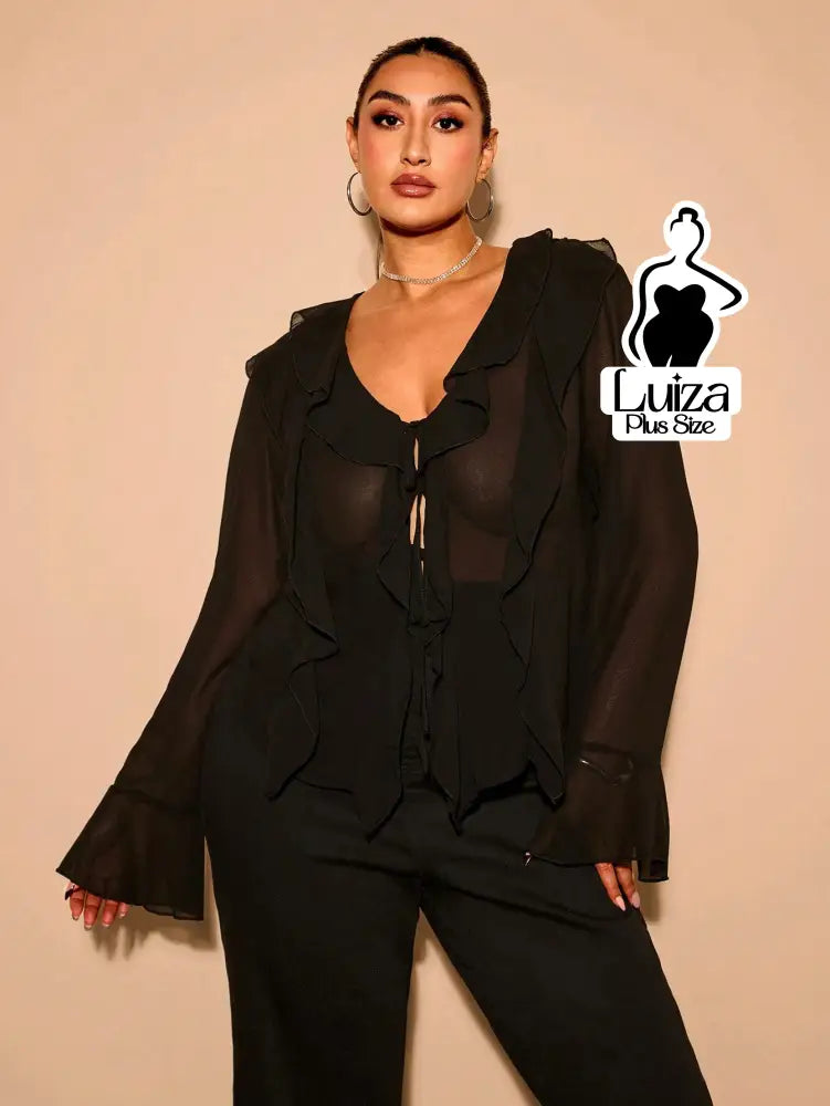 Blusa Elegante Babados Amarração Frontal Plus Size Preto / G Blusa Elegante Babados Amarração Frontal Plus Size