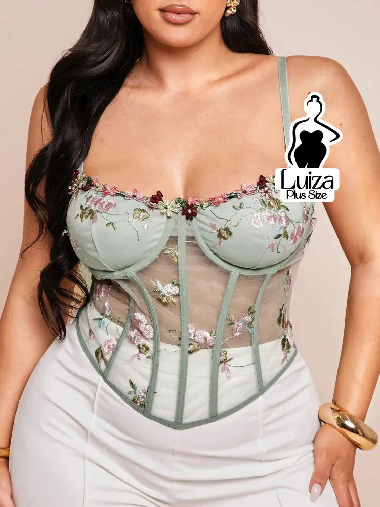 Blusa Estruturada Bordado Floral Transparência Plus Size Verde Claro / G Blusa Estruturada Bordado Floral Transparência