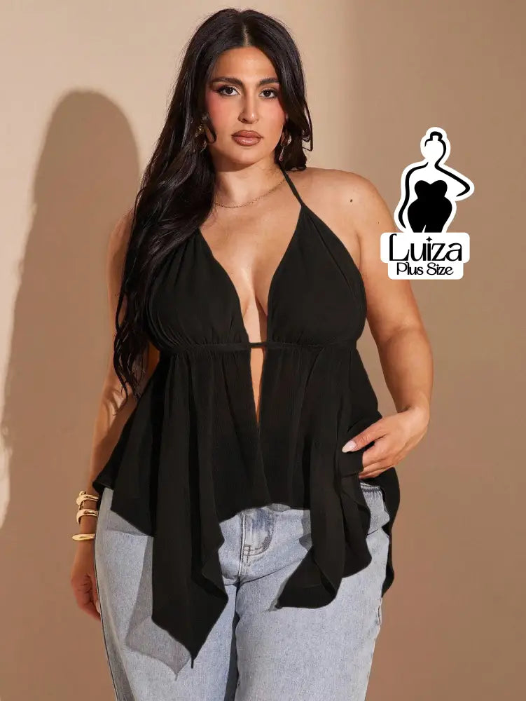 Blusa Halter Decotada Tecido Leve Caimento Solto Plus Size Blusa Halter Decotada Tecido Leve Caimento Solto Plus Size