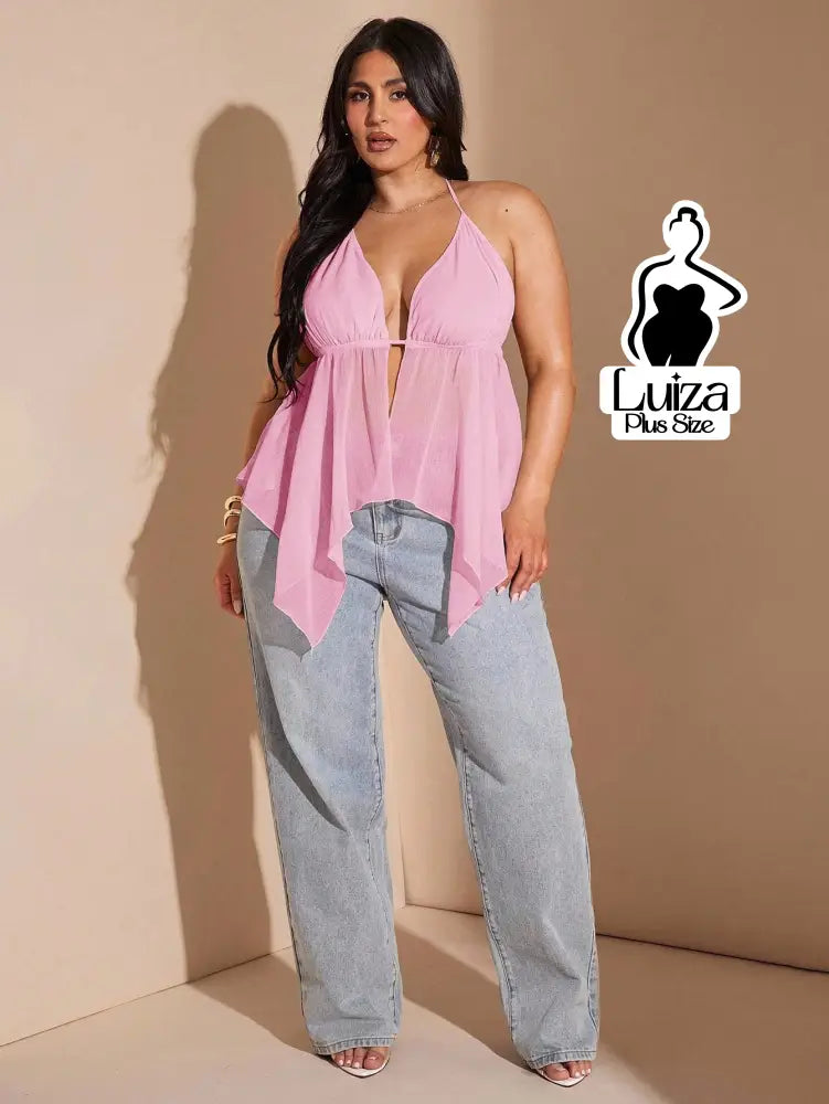 Blusa Halter Decotada Tecido Leve Caimento Solto Plus Size Blusa Halter Decotada Tecido Leve Caimento Solto Plus Size