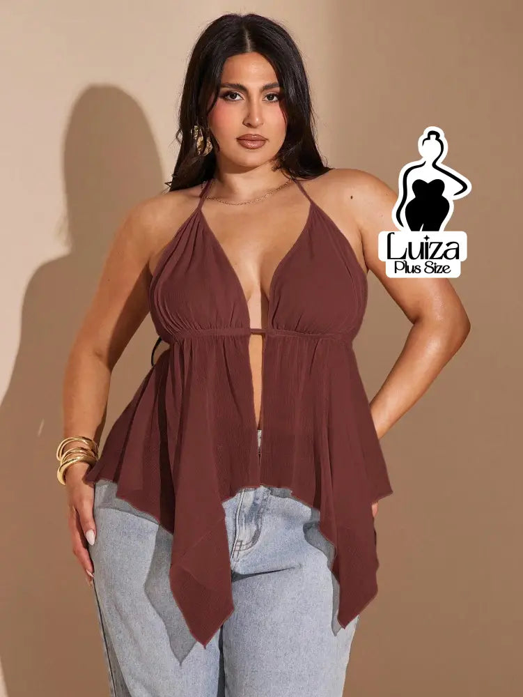 Blusa Halter Decotada Tecido Leve Caimento Solto Plus Size Marrom / G Blusa Halter Decotada Tecido Leve Caimento Solto