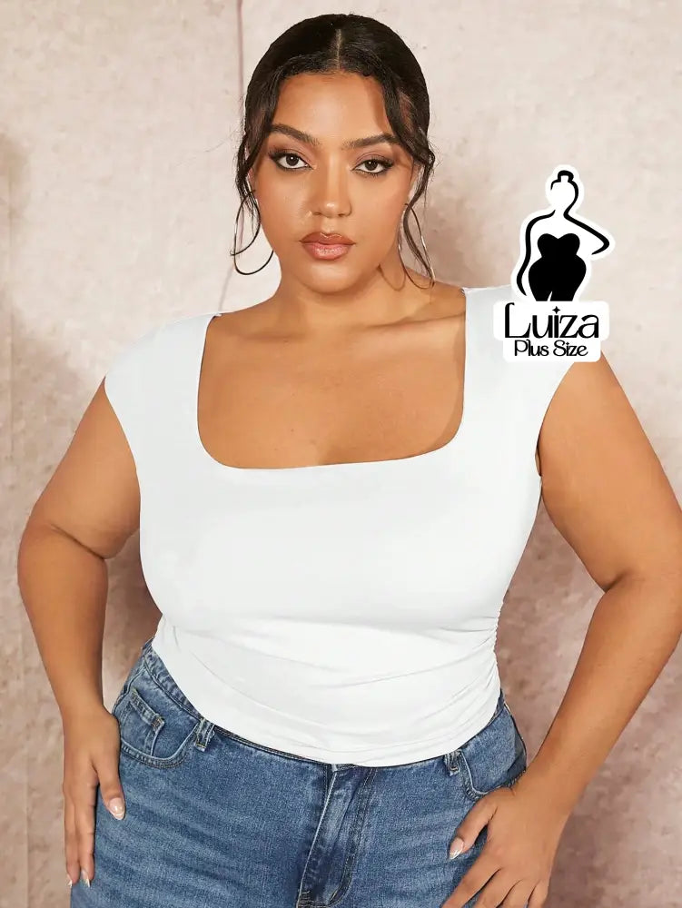 Blusa Justa Decote Quadrado Elegante Plus Size Branco / G Blusa Justa Decote Quadrado Elegante Plus Size