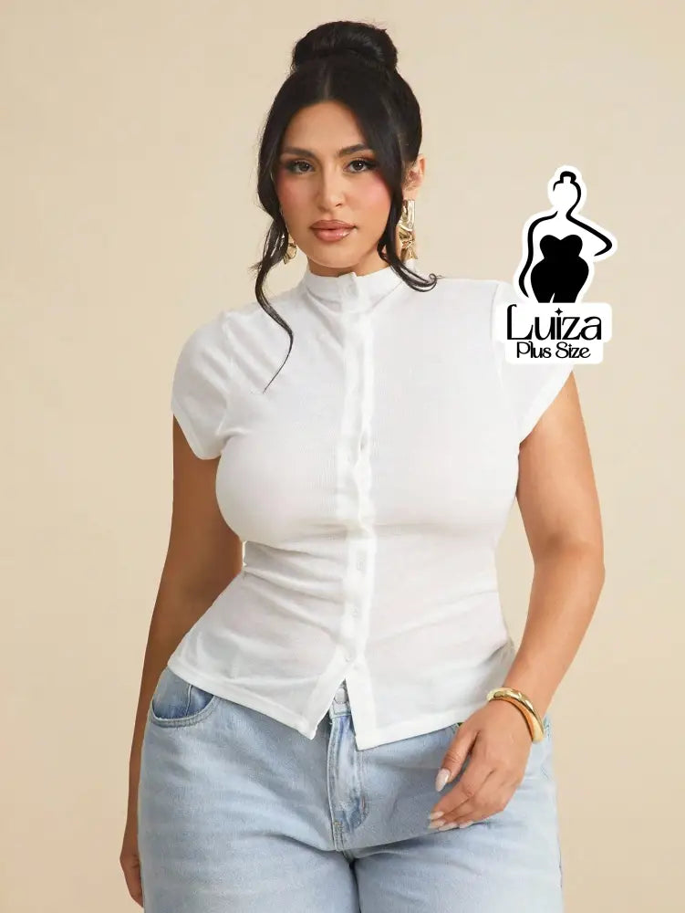 Blusa Manga Curta Gola Alta Botões Frontais Plus Size Branco / G Blusa Manga Curta Gola Alta Botões Frontais Plus Size