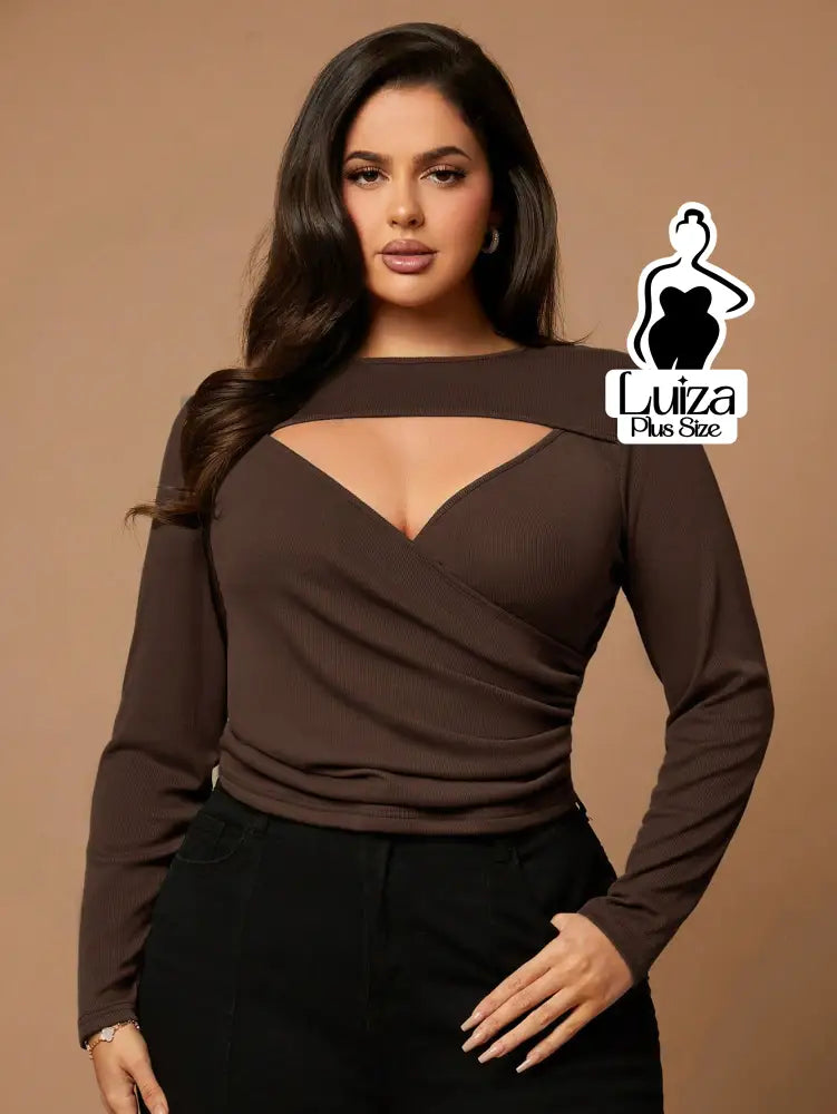 Blusa Manga Longa Canelada Decote Vazado Plus Size Blusa Manga Longa Canelada Decote Vazado Plus Size