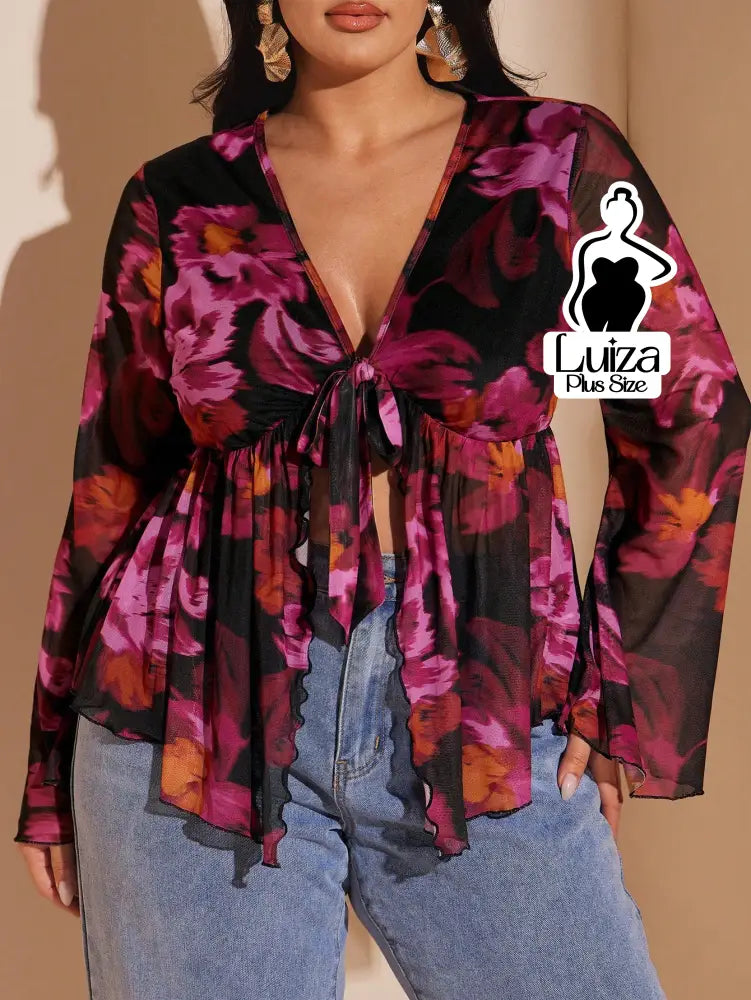 Blusa Manga Longa Floral Transparente Amarração Plus Size Blusa Manga Longa Floral Transparente Amarração Plus Size