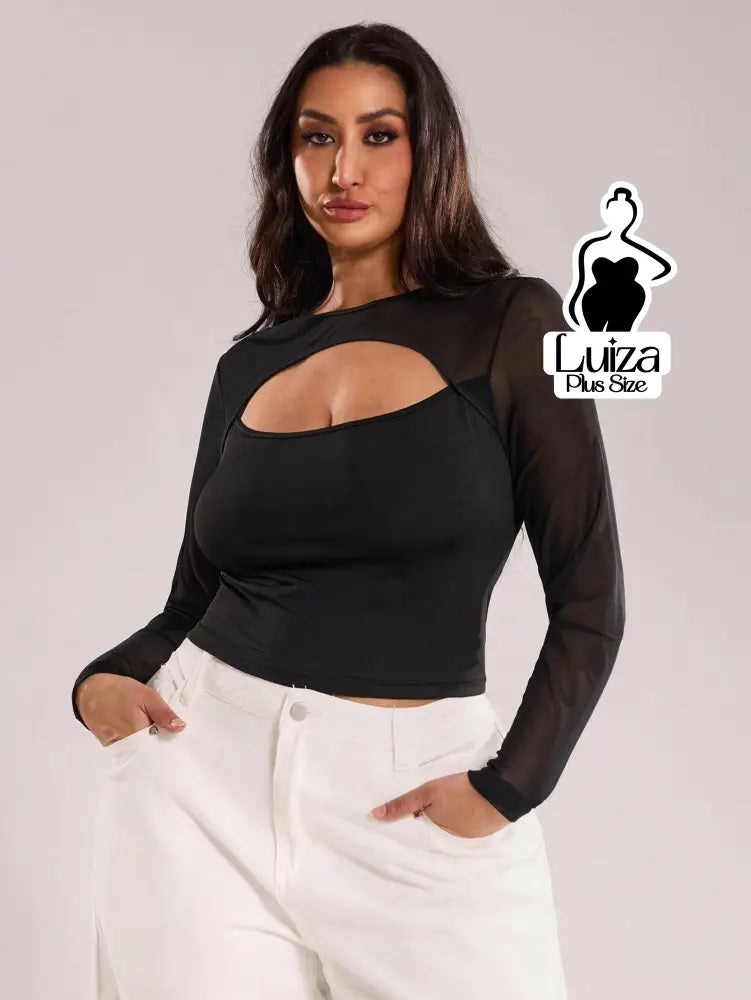 Blusa Manga Longa Tule Recorte Vazado Moderno Plus Size Blusa Manga Longa Tule Recorte Vazado Moderno Plus Size
