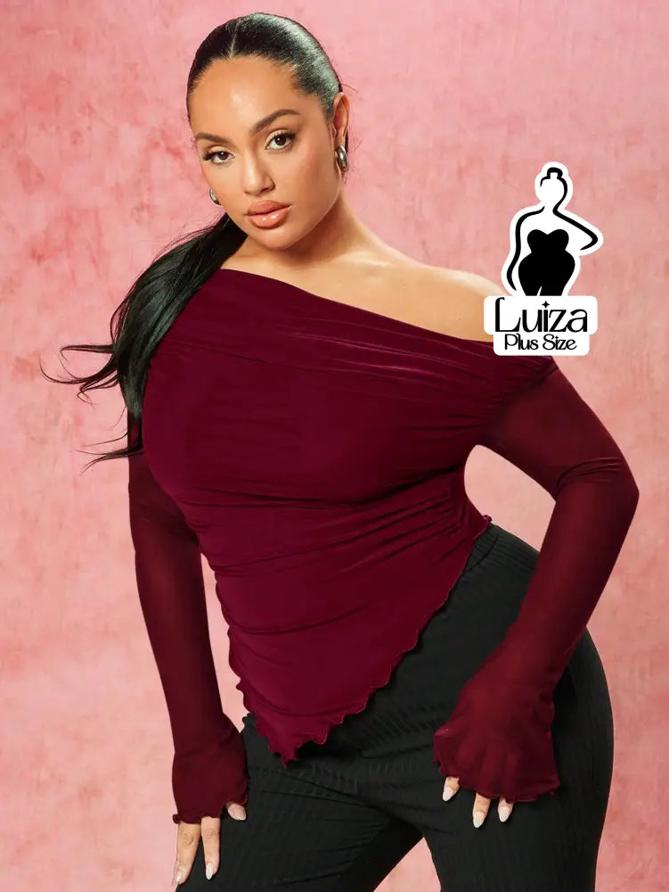 Blusa Ombro A Ombro Tule Drapeado Assimétrica Plus Size Blusa Ombro A Ombro Tule Drapeado Assimétrica Plus Size