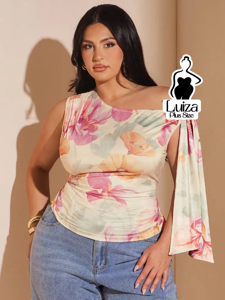 Blusa Ombro Só Estampada Floral Detalhe Amarração Plus Size Blusa Ombro Só Estampada Floral Detalhe Amarração Plus Size