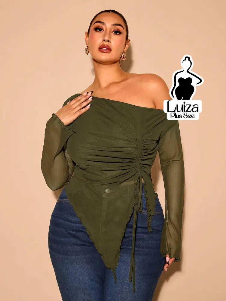 Blusa Ombro Só Manga Longa Tule Barra Assimétrica Plus Size Verde Escuro / G Blusa Ombro Só Manga Longa Tule Barra