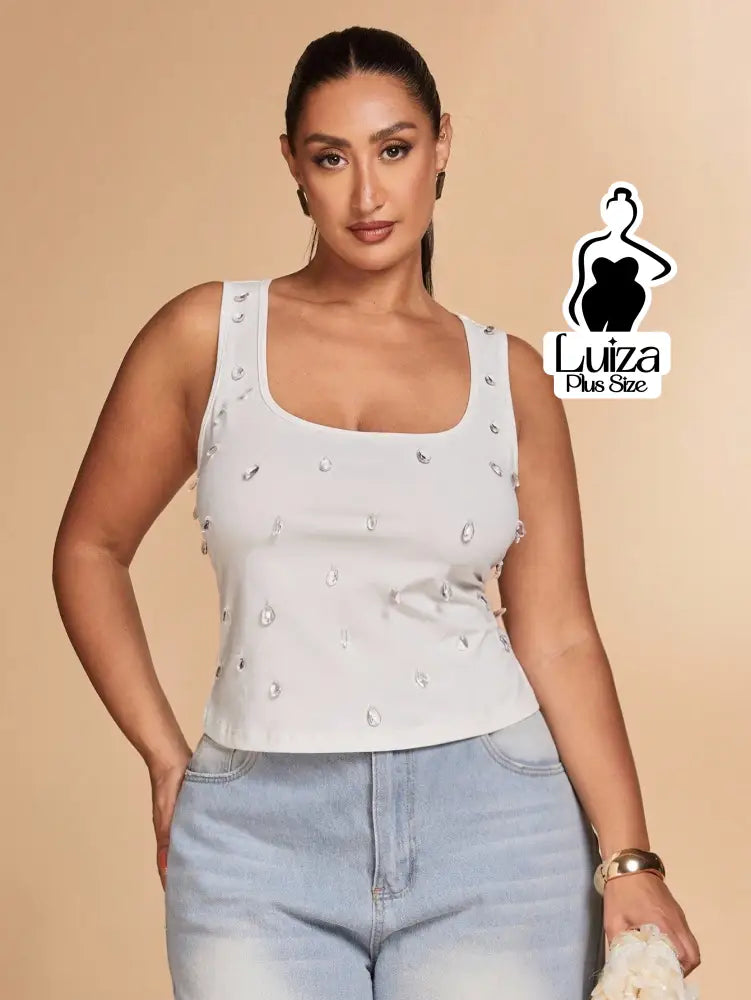 Blusa Regata Alças Largas Pedrarias Aplicadas Plus Size Blusa Regata Alças Largas Pedrarias Aplicadas Plus Size