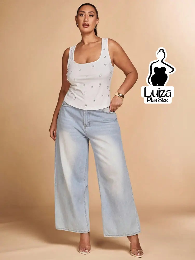 Blusa Regata Alças Largas Pedrarias Aplicadas Plus Size Blusa Regata Alças Largas Pedrarias Aplicadas Plus Size