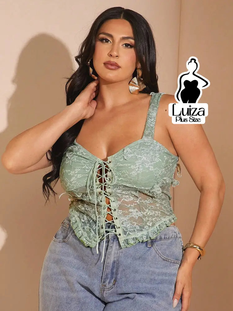 Blusa Renda Alças Largas Amarração Frontal Plus Size Blusa Renda Alças Largas Amarração Frontal Plus Size