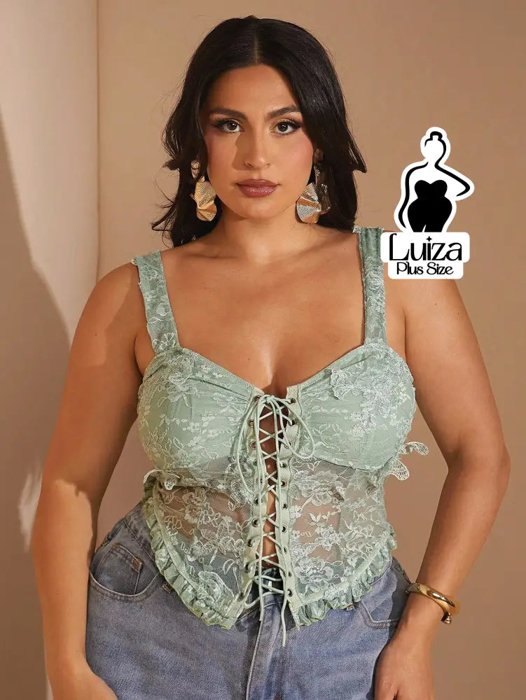 Blusa Renda Alças Largas Amarração Frontal Plus Size Blusa Renda Alças Largas Amarração Frontal Plus Size