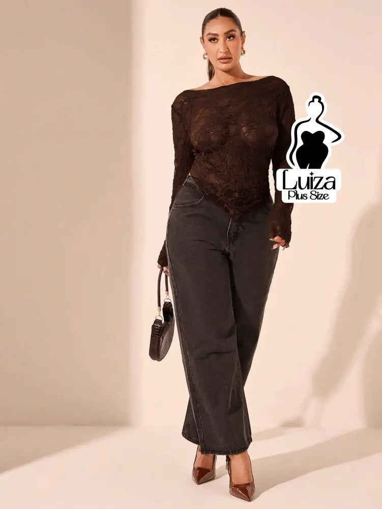 Blusa Renda Transparente Manga Longa Ajustada Plus Size Blusa Renda Transparente Manga Longa Ajustada Plus Size