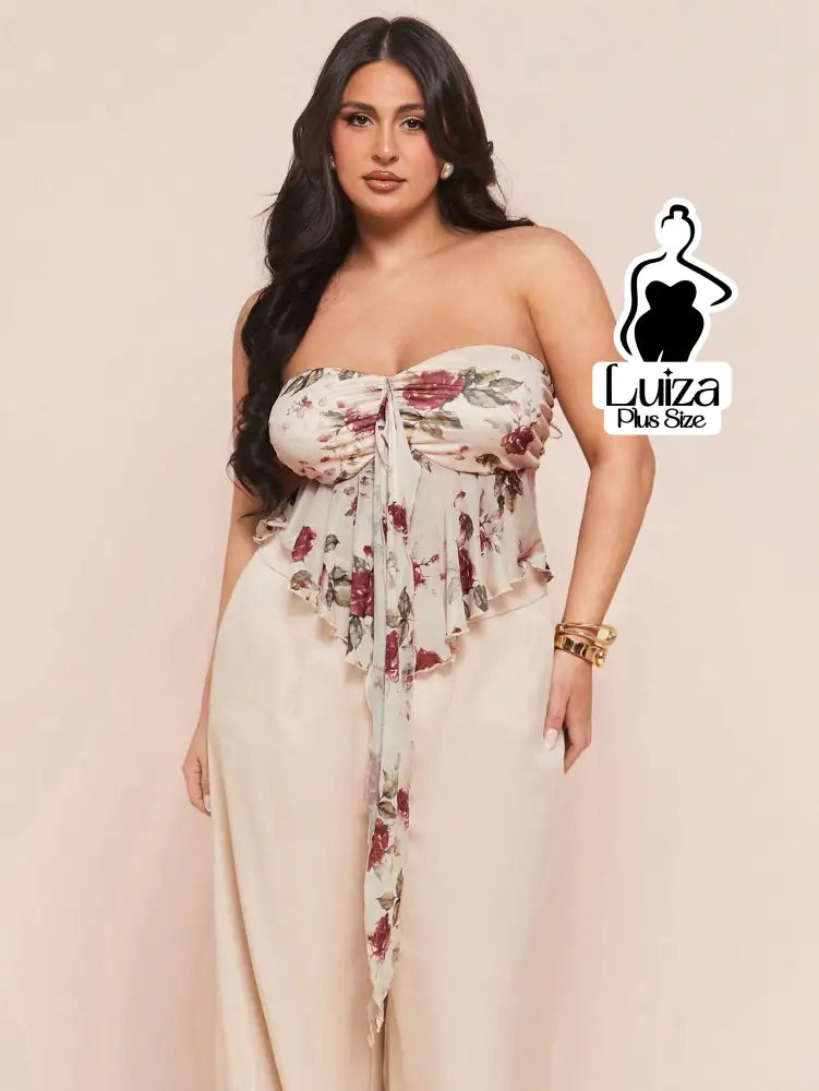 Blusa Tomara Que Caia Floral Amarração Babado Plus Size Caqui / G Blusa Tomara Que Caia Floral Amarração Babado Plus