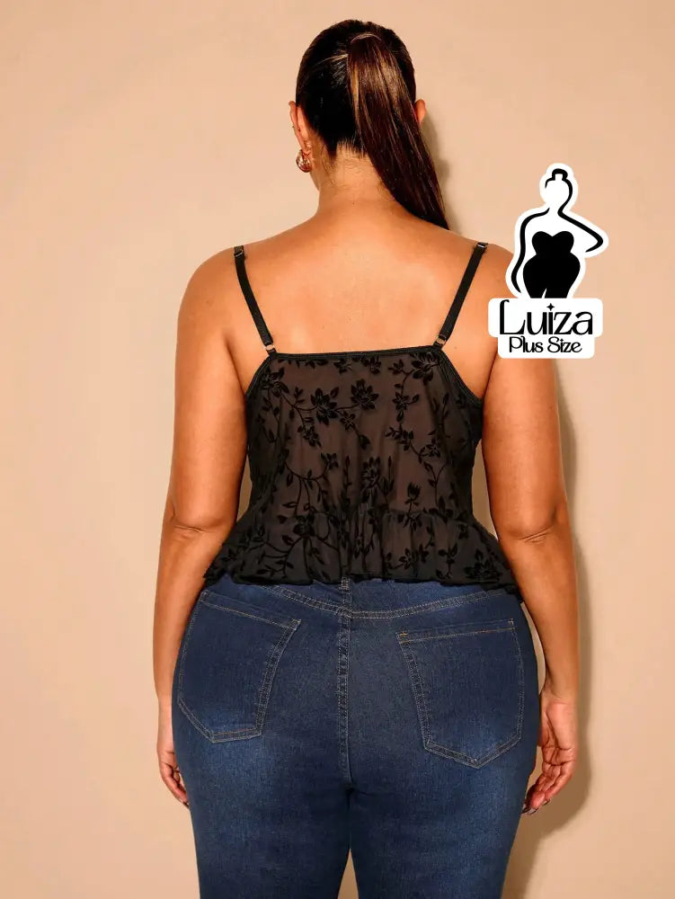 Blusa Tule Bordada Amarração Frontal Babados Plus Size Blusa Tule Bordada Amarração Frontal Babados Plus Size