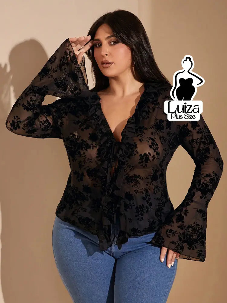 Blusa Tule Floral Babados Amarração Frontal Plus Size Blusa Tule Floral Babados Amarração Frontal Plus Size