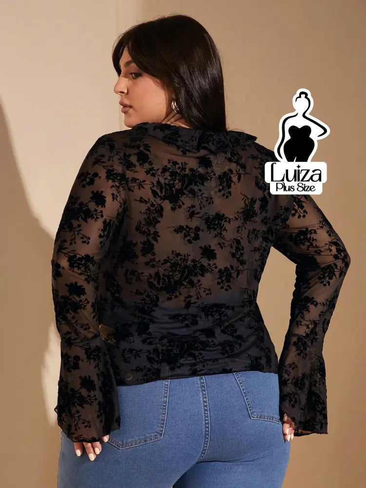 Blusa Tule Floral Babados Amarração Frontal Plus Size Blusa Tule Floral Babados Amarração Frontal Plus Size