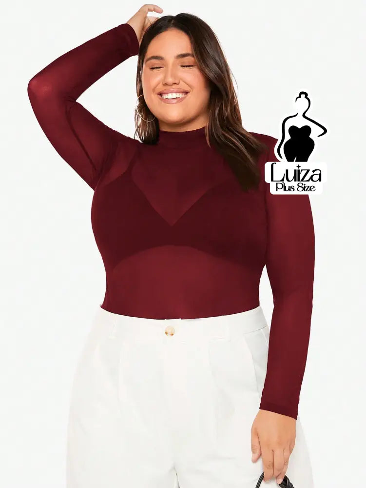 Blusa Tule Transparente Manga Longa Gola Alta Plus Size Vinho / G Blusa Tule Transparente Manga Longa Gola Alta Plus