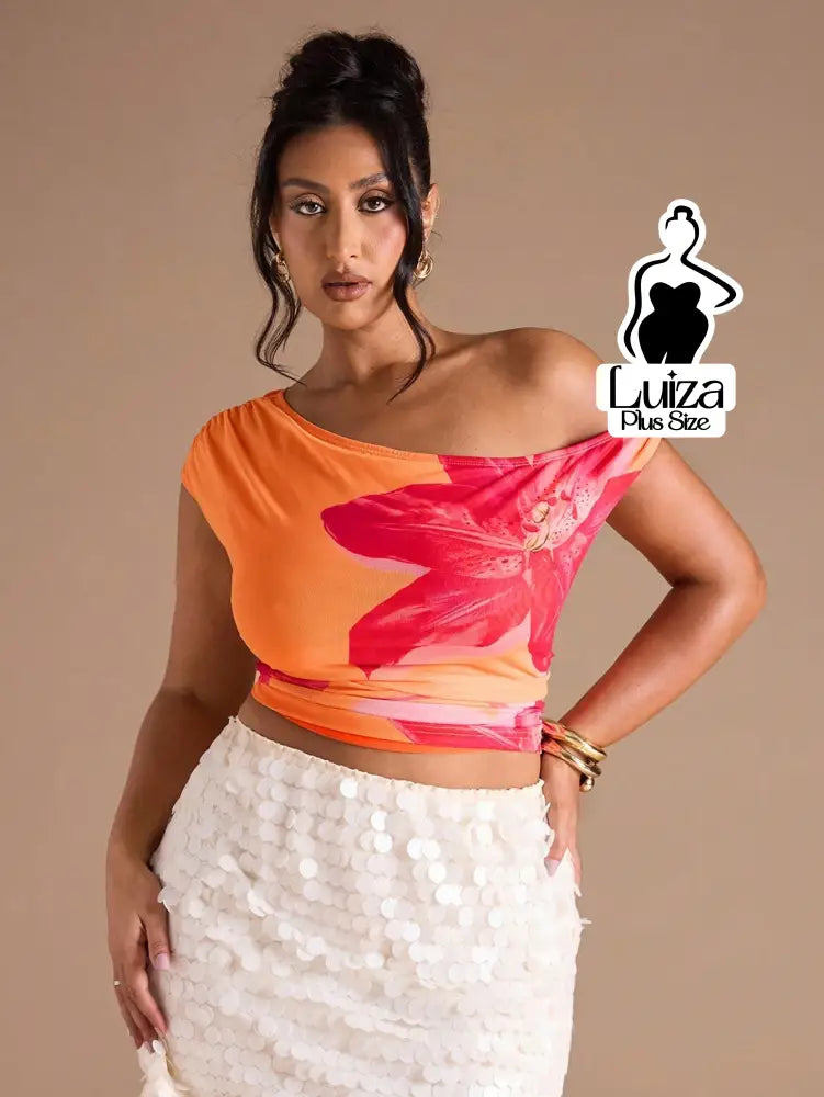 Blusa Um Ombro Estampa Floral Moderna Elegante Plus Size Blusa Um Ombro Estampa Floral Moderna Elegante Plus Size