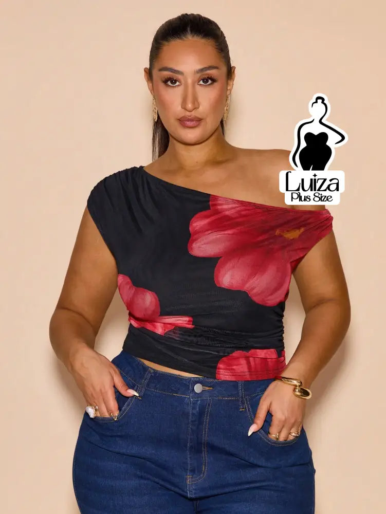 Blusa Um Ombro Estampa Floral Moderna Elegante Plus Size Preto / G Blusa Um Ombro Estampa Floral Moderna Elegante Plus