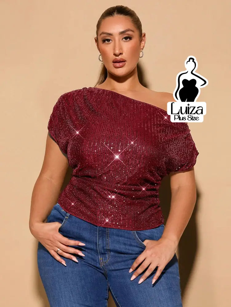 Blusa Um Ombro Só Lurex Brilhante Elegante Plus Size Vinho / G Blusa Um Ombro Só Lurex Brilhante Elegante Plus Size
