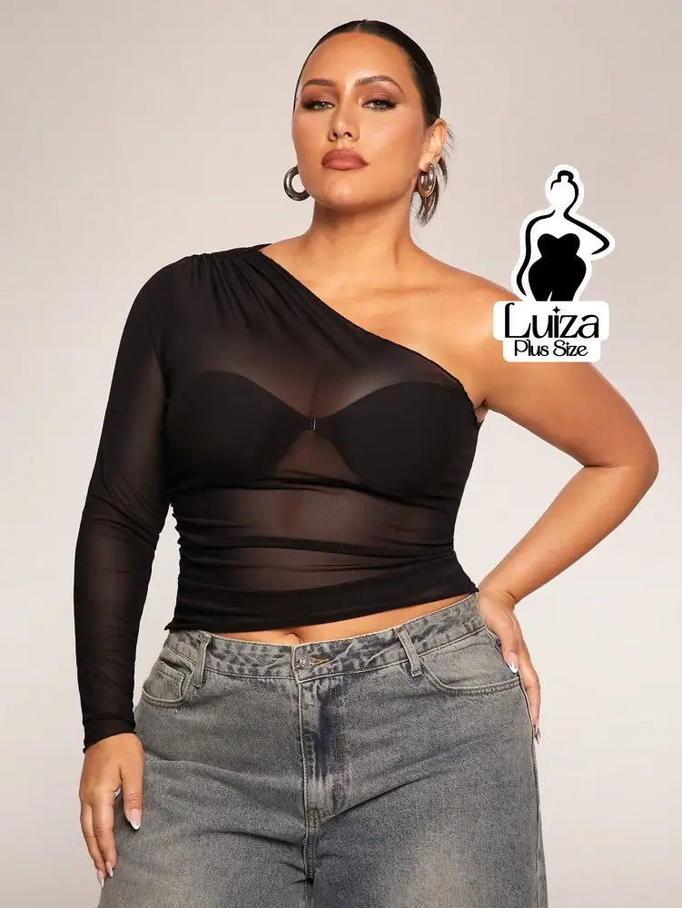 Blusa Um Ombro Só Tule Transparente Manga Longa Plus Size Blusa Um Ombro Só Tule Transparente Manga Longa Plus Size