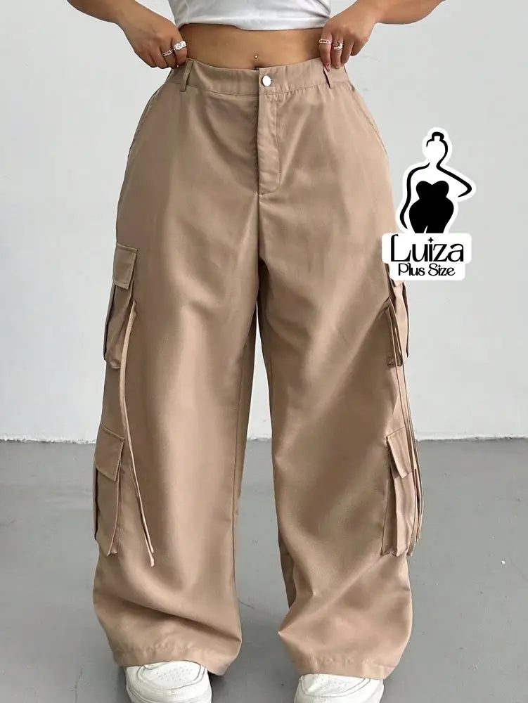 Calça Cargo Wide Leg Cintura Alta Bolsos Laterais Plus Size Caqui / G Calça Cargo Wide Leg Cintura Alta Bolsos Laterais