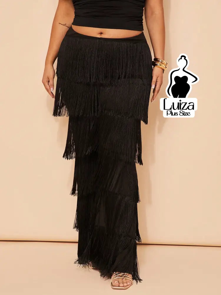 Calça Cintura Alta Franjas Camadas Estilo Fashion Plus Size Calça Cintura Alta Franjas Camadas Estilo Fashion Plus Size