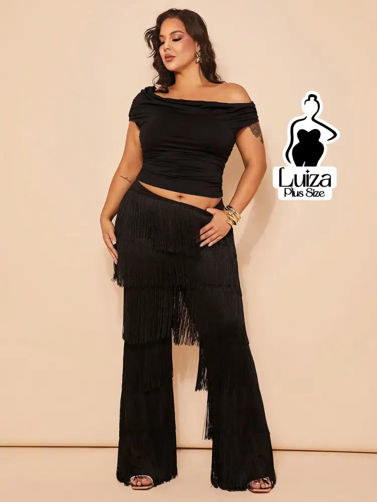 Calça Cintura Alta Franjas Camadas Estilo Fashion Plus Size Preto / G Calça Cintura Alta Franjas Camadas Estilo Fashion