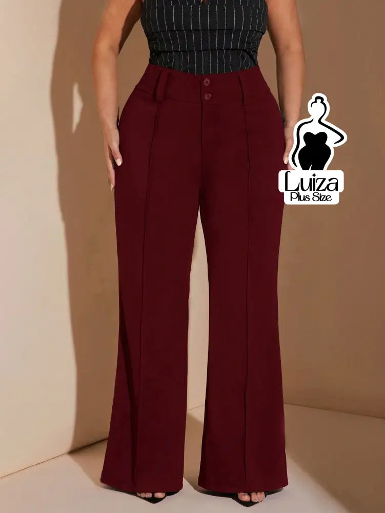 Calça Flare Cintura Alta Botões Recorte Alfaiataria Plus Size Vinho / G Calça Flare Cintura Alta Botões Recorte