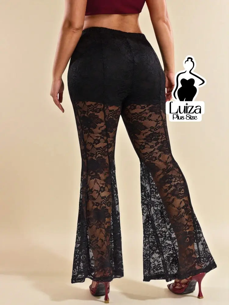 Calça Flare Transparente Renda Sofisticada Plus Size Calça Flare Transparente Renda Sofisticada Plus Size