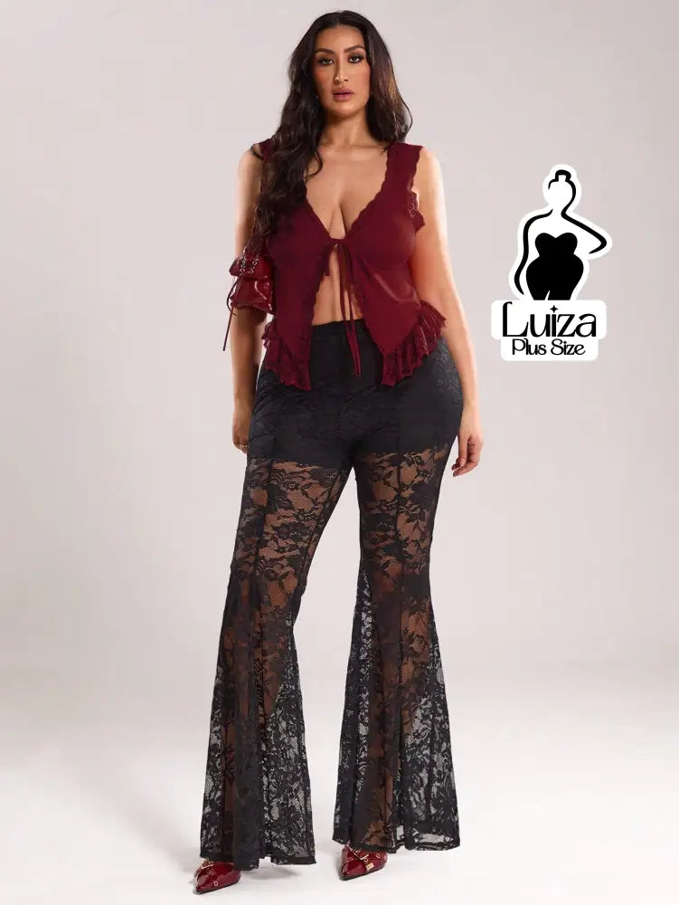 Calça Flare Transparente Renda Sofisticada Plus Size Preto / G Calça Flare Transparente Renda Sofisticada Plus Size