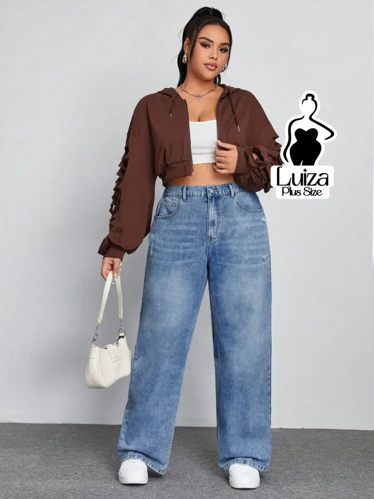 Calça Jeans Wide Leg Cintura Alta Caimento Solto Plus Size Calça Jeans Wide Leg Cintura Alta Caimento Solto Plus Size