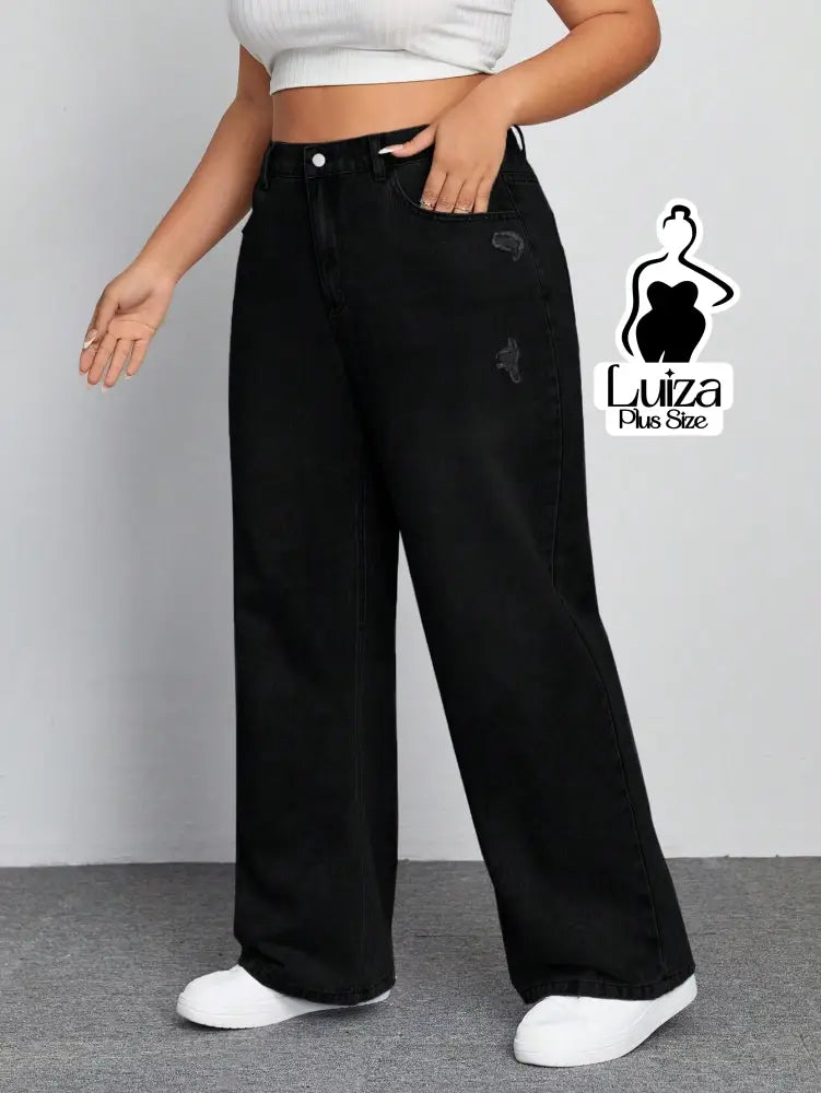Calça Jeans Wide Leg Cintura Alta Caimento Solto Plus Size Calça Jeans Wide Leg Cintura Alta Caimento Solto Plus Size