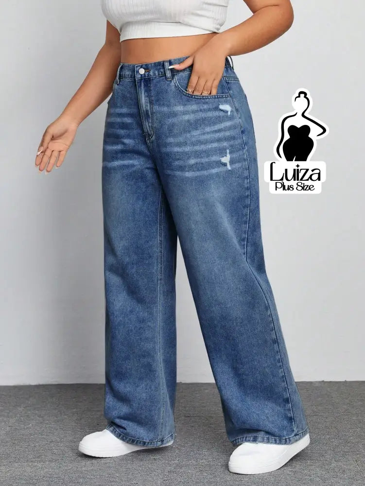 Calça Jeans Wide Leg Cintura Alta Caimento Solto Plus Size Calça Jeans Wide Leg Cintura Alta Caimento Solto Plus Size