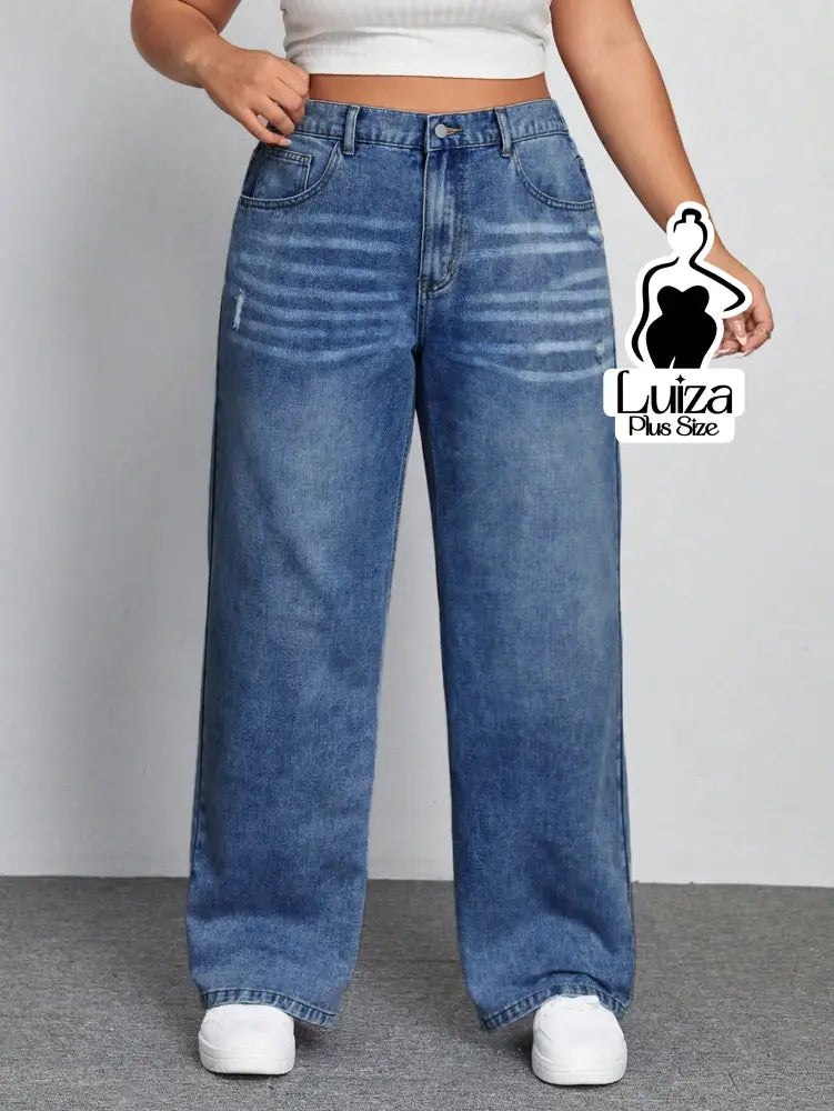 Calça Jeans Wide Leg Cintura Alta Caimento Solto Plus Size Lavagem escura / G Calça Jeans Wide Leg Cintura Alta