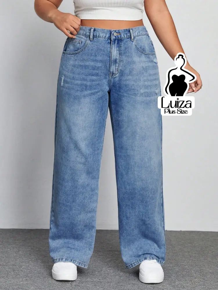 Calça Jeans Wide Leg Cintura Alta Caimento Solto Plus Size Lavagem média / G Calça Jeans Wide Leg Cintura Alta Caimento